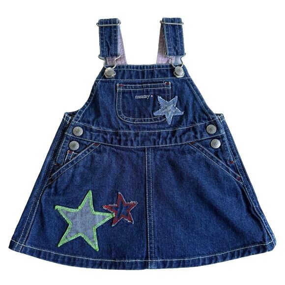 Baby Tommy Hilfiger Bib Dress Demin Jean Stars Pockets Snaps Adjustable Sz 3-6 - Picture 1 of 8